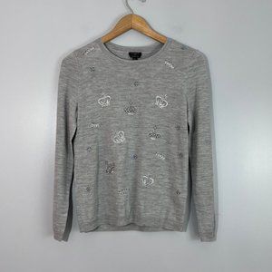 Talbots 100% Merino Wool Grey Crewneck Sweater w/ Bejewelled Crown Accents